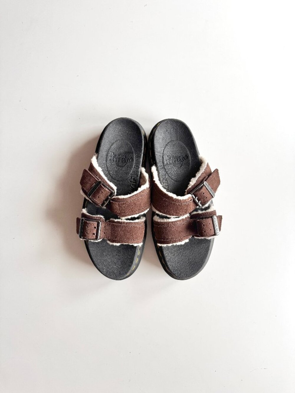 DR MARTENS Myles Brown Suede Shearling Fur Lined Platform Slide Sandals, Size 7